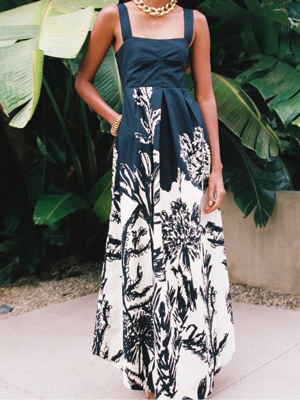 Bel Kazan Janie Dress Navy Ivory Botanical Print Maxi Dress XS Boho Resort